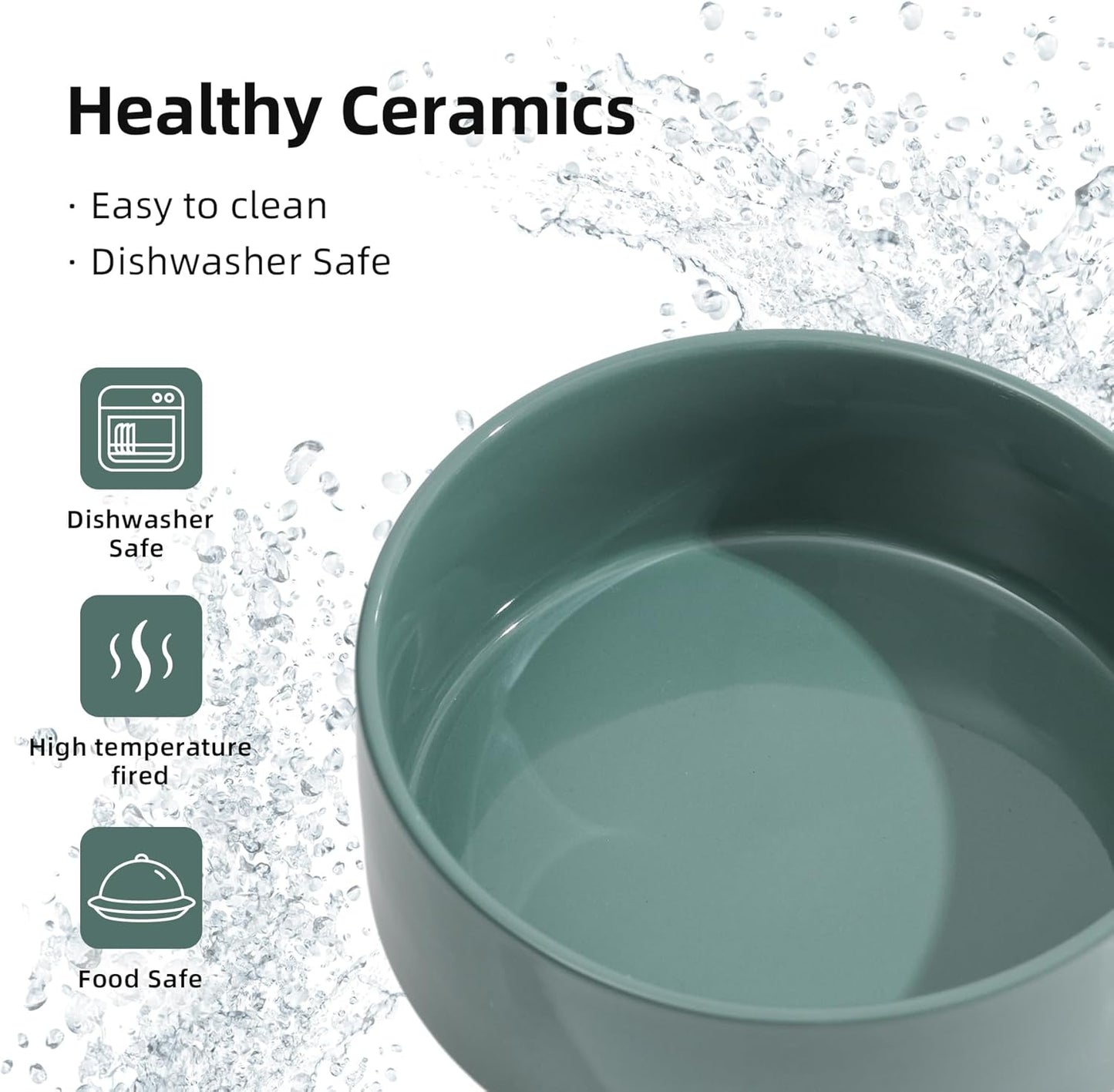 Ceramic 6.1inch Raised Dog Bowl with Stand for Small and Medium Breed Dog Dish Pet Food and Water Bowl (Double Bowl with Stand - Dark Green, 28oz)