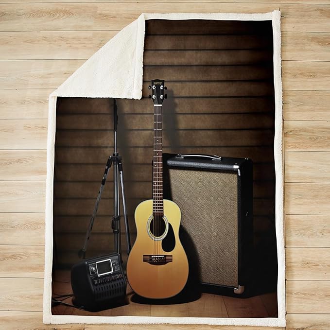 Guitar Fleece Throw Blanket Music Themed Guitar Plush Blanket for Sofa Couch Bed Guitar Instruments Print Sherpa Blanket Musical Pattern Microphone Fuzzy Blanket Room Decor Queen 90x90 Inch