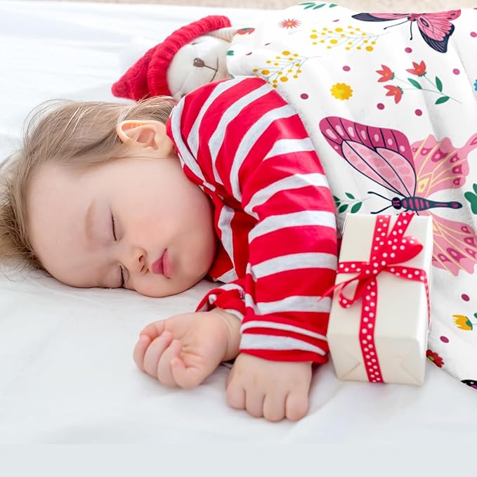 Butterfly Kids Throw Blanket for Girls Teens Toddler White Soft Fuzzy Flannel Bed Blanket Plush Butterfly Birthday Gifts for Women Girls Kids Teens Adults, 60”x80”