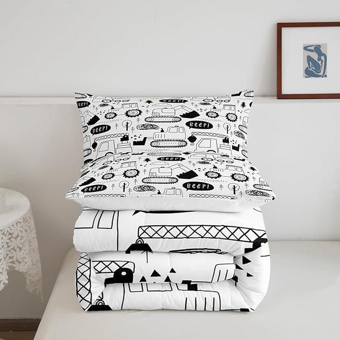 Cartoon Cars Kids Comforter Set Queen Size,Tractor Truck Excavator Toddler Bedding Set,Girls Boys Adults Room Decor,Construction Vehicles Down Comforter,Black White Chic Duvet Insert,2 Pillowcases