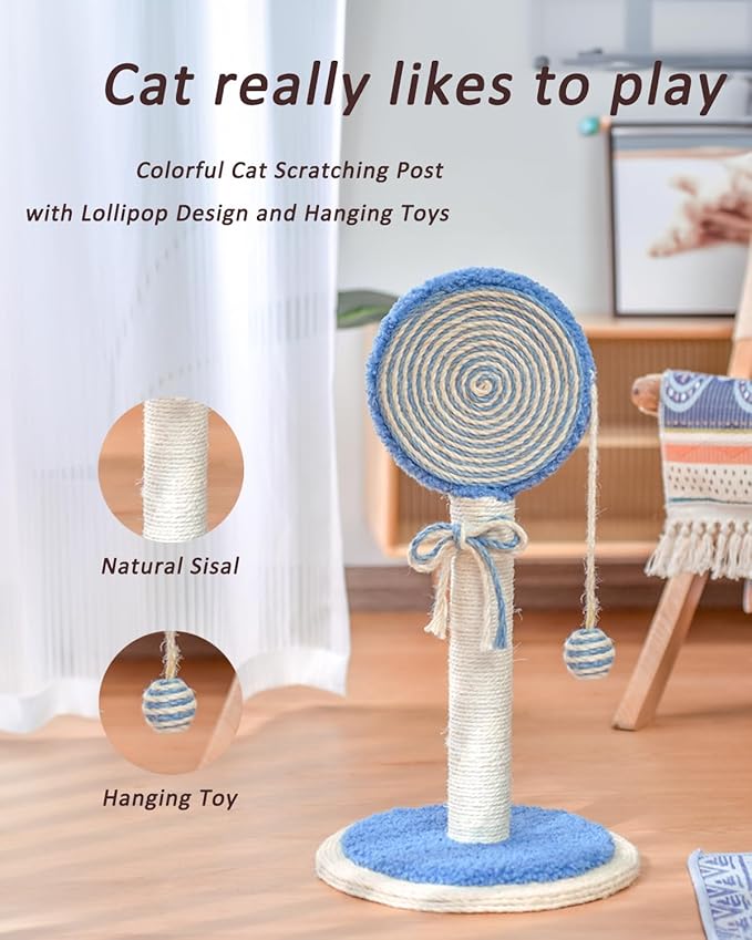 Cat Scratching Post, 22” Cute Kittens Scratch Posts with Hanging Ball, Sturdy Post & Stable Base, Ideal for Indoor Cats, Small & Large Sizes Kitty Available