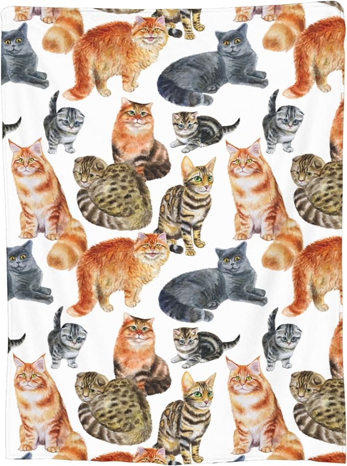 Cute Kids Cats Print Blanket Throw 60"X50", Plush Flannel Blankets with Cats On It, Gifts for Kids Women Cat Lovers People