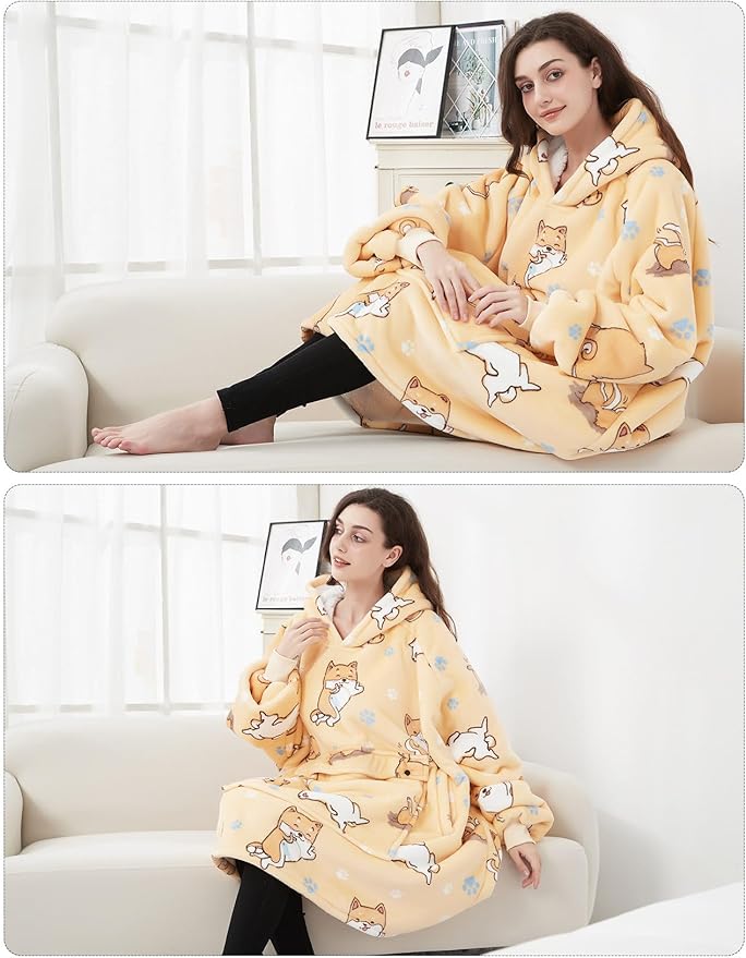 KFUBUO Wearable Blanket Hoodie for Adults Sherpa All Patterns Dog Oversized Sweatshirt Blanket with Pockets for Mom