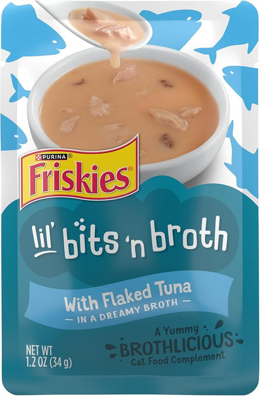 Purina Friskies Lickable Cat Food Toppers Bits ‘n Broth with Flaked Tuna in a Dreamy Broth - (Pack of 16) 1.2 oz. Pouches