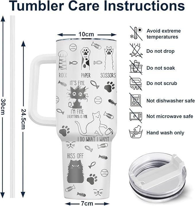 34HD Funny Black Cat Tumbler with Handle and Straw, 40oz Double Wall Vacuum Insulated Kitty Mug, Pet Gifts for Women Men, Cat Lover Gifts for Birthday Mothers Day Halloween Christmas