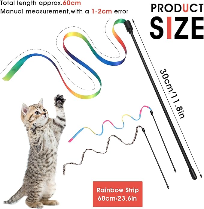 Amaxiu Cat Wand Toy Set, Interactive Cat Wand Toy with Rainbow Ribbon String, Rainbow Cloth String, Leopard Print Cloth String for Small Cats Kittens Indoor Training Catcher (3 Packs)