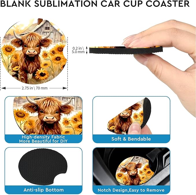 Car Coasters for Cup Holders,2 Pack Highland Cow Car Cup Holder Coasters,2.75" Universal Size Anti Slip Rubber Mat,Automotive Cup Holder Decor Accessories,Cow Print Gifts for Women,Men,Mom,Her