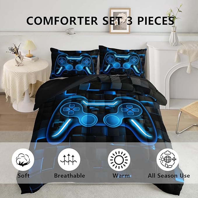 Axolotl Gamepad Comforter Set Full Size,Blue Grid Print Bedding Set,Boys Gaming Console Comforter Set,Modern Gaming controller Geometry Bedding Set for Adult Teens Men,1 Quilt 2 Pillowcases,Blue Black