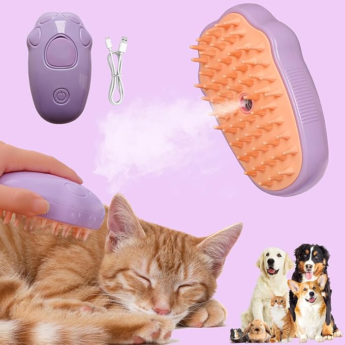 3in1 Cat Steam Brush,Quiet Cute Rechargeable Steamy Pet Brush for Long/Short Hair Dog/Cat Shedding&Grooming&Cleaning,with USB Cable,Effectively Remove Floating&Tangled Hair-Purple Cat Paw