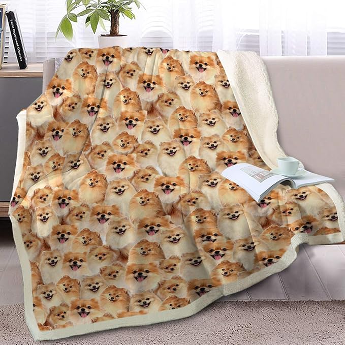 BlessLiving Fuzzy Dogs Blanket - Pomeranian Throw, Reversible Sherpa Fleece, Cute Puppy Design, 50 x 60 Inches