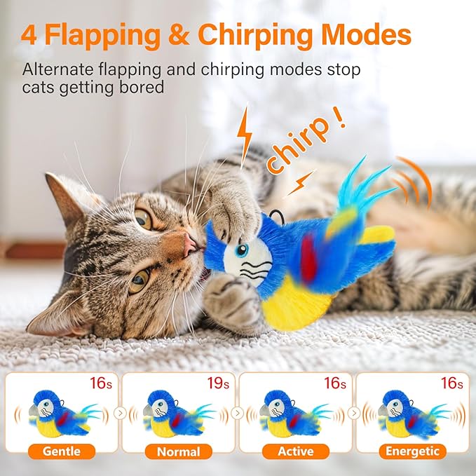Cat Toys for Indoor Cats, Flapping Bird Cat Toy, Electric Simulated Chirping Bird Interactive Cat Toy with Flappy Wings, Rechargeable Touch Activated Cat Toys with Catnip and Feather - Bule