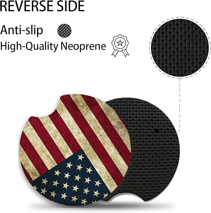 Car Coasters for Cup Holders，Car Cup Holder Coasters, 2 Pack Cup Holder Coasters for Car, Anti Slip Rubber Car Cup Mat with A Finger Notch, Cute Car Interior Accessories for Women 2.75" American Flag