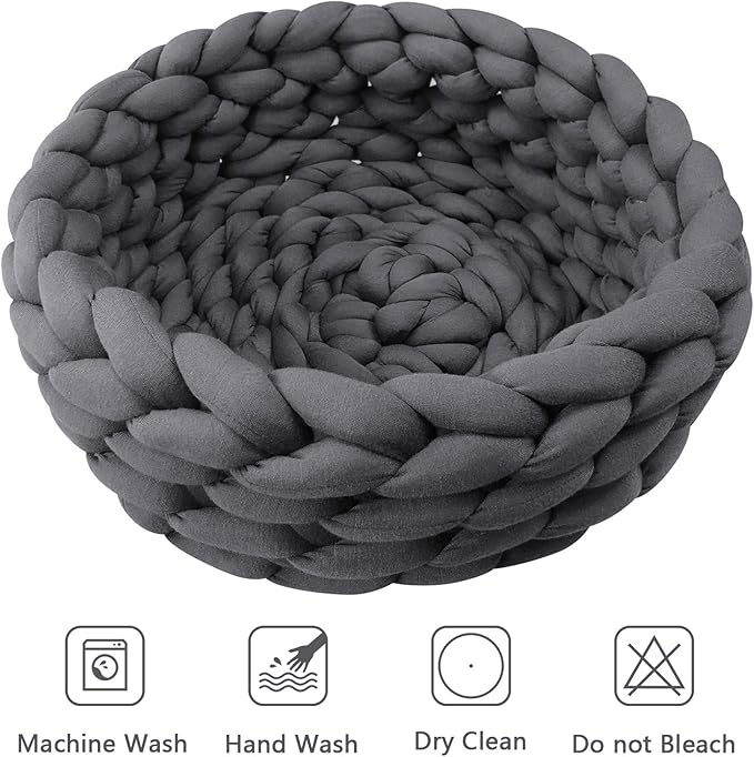 Lucky Monet Cat Basket Bed Cotton Knitted Round Pet Beds for Cats Cute Boho Cat Pet Bed Warm Woven Cat Nest for Puppy Kitten Cats Dogs (19.7", Dark Gray)