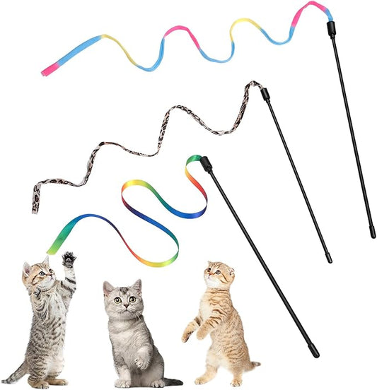Amaxiu Cat Wand Toy Set, Interactive Cat Wand Toy with Rainbow Ribbon String, Rainbow Cloth String, Leopard Print Cloth String for Small Cats Kittens Indoor Training Catcher (3 Packs)