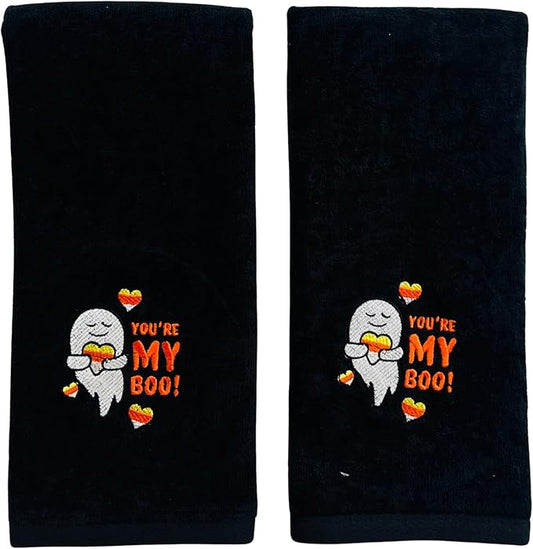 Halloween Hand Bathroom Towels Set of 2 – Embroidered Cotton Ghost & Candy Corn 16 x 25” – Spooky Home Decor for Bath or Kitchen