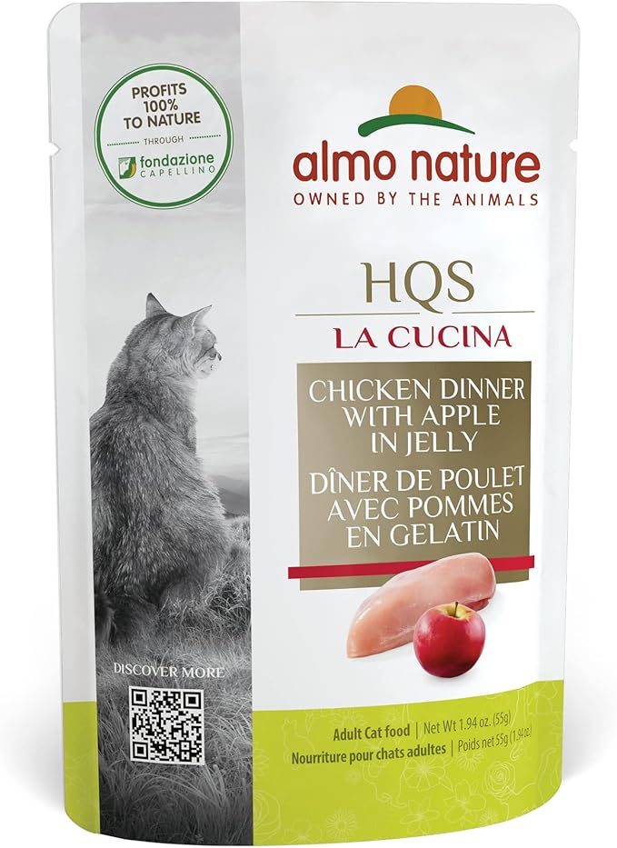 almo nature HQS La Cucina Chicken with Apple in Jelly, Grain Free, Additive Free, Adult Cat Wet Food, Shredded, Pouches, 24 x 55g/1,94 oz