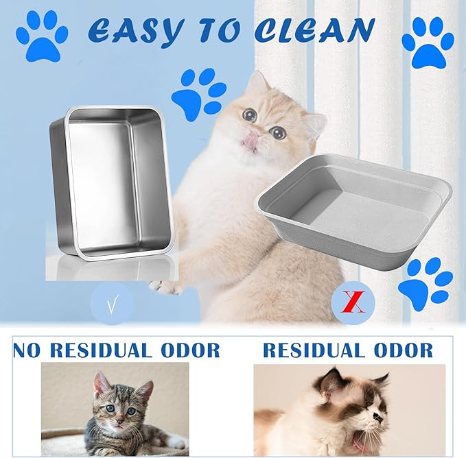 2 Pack Stainless Steel Cat Litter Box with High Sides, Metal Litter Box Non Stick Litter Pan and Pet Toilet for Cats, Kitten, Rabbits, 17.5 x 13.5 x 6 Inch