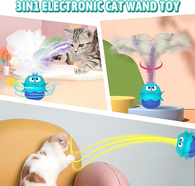 LEWISER Cat Toys Monster, 3in1 Rechargeable Automatic Interactive Cat Toy for Indoor Cats Exercise, Real Feathers, Silicone and Butterfly Tail, LED Lighting, Mice Squeak Chirping, Blue