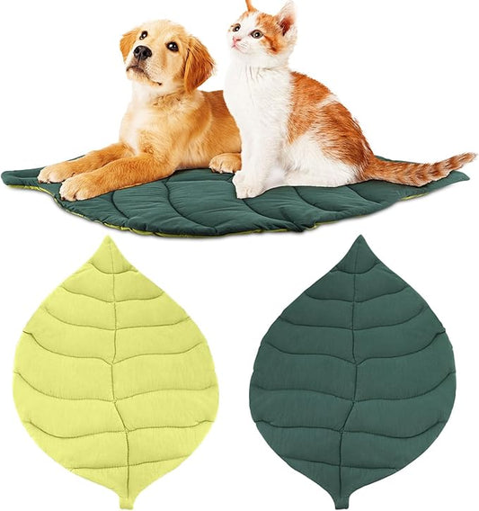 28 x 20 Inch Pet Mattress Leaf Shape Cat and Dog Cotton Bed Pad Cat Double Sided Floor Cover Mat Warming Dog Blanket Pad for Warm Indoor Puppy Accessories(Dark Green, Green)