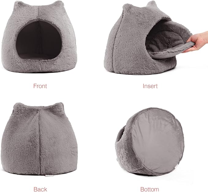 Best Friends by Sheri Meow Hut in Fur Cover Dome Cat and Dog Bed, Gray, Small