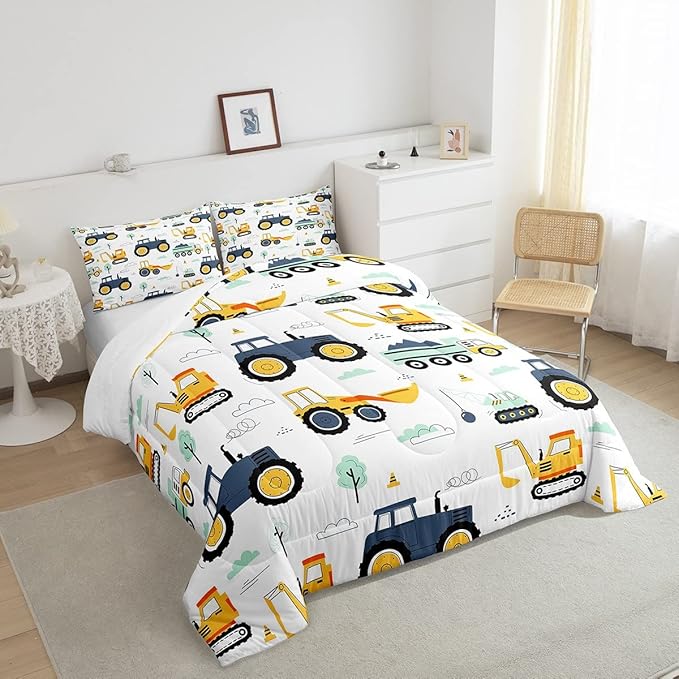 Boys Cartoon Car Bedding Set King, Excavator Tractor Comforter Set for Kids Teens, Equipment Trucks Quilted Duvet, Heavy Machinery Construction Bedding Comforter Sets with 2 Pillowcases Bedroom Decor