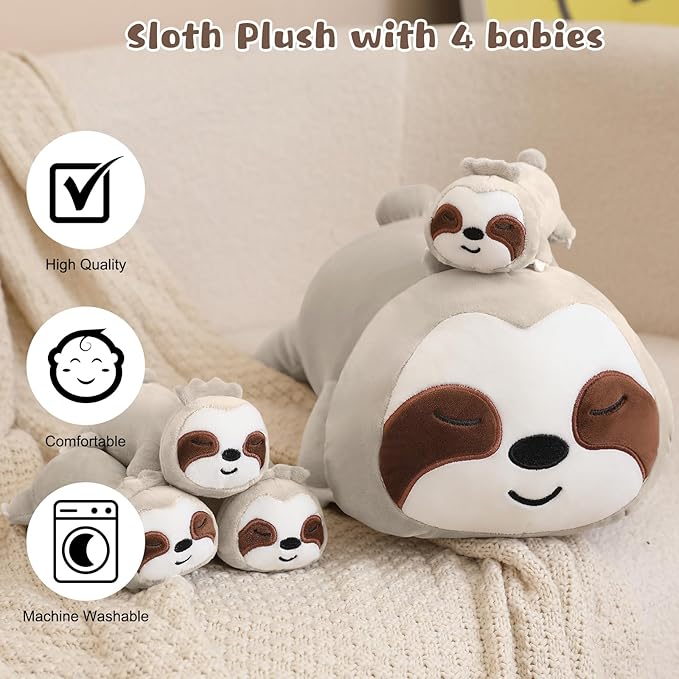 Sloth Stuffed Animal Cute Sloth Plush Pillow with 4 Baby Plushies in Her Tummy, Soft Cotton Stuffed Animals Toy Gifts for Kids