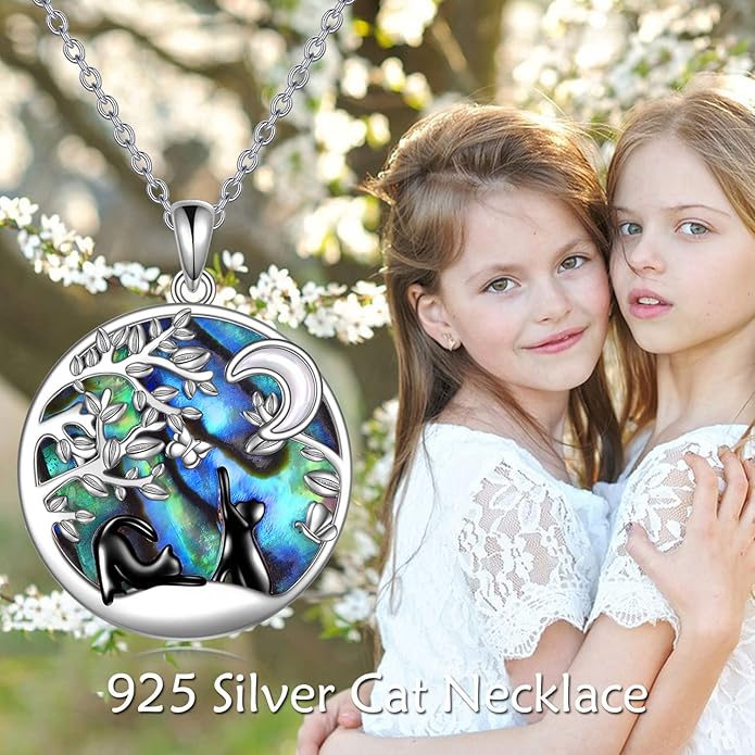 Black Cat Necklace for Women Sterling Silver Celtic Moon Cat Jewelry Gifts