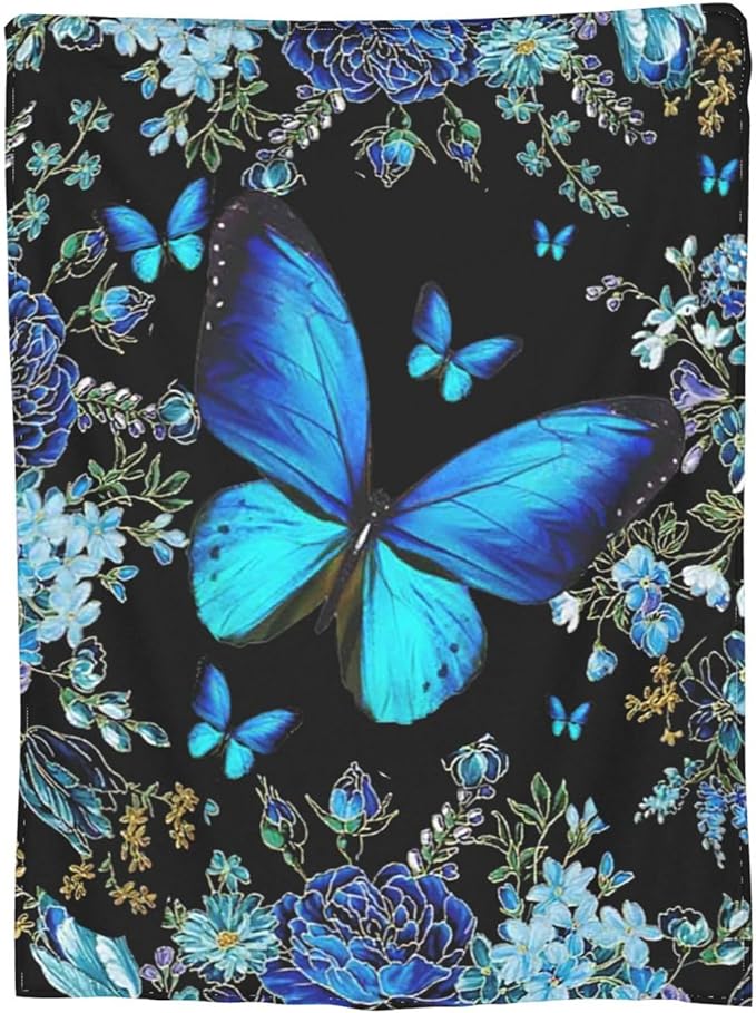 Butterfly Blanket Blue Butterflies Decor Throw Blanket Super Warm Soft Plush Fleece Flannel Beautiful Butterfly Flowers Blanket Gifts for Girls Boys Winter Couch Bedding for Baby Kids Women 50"X60"