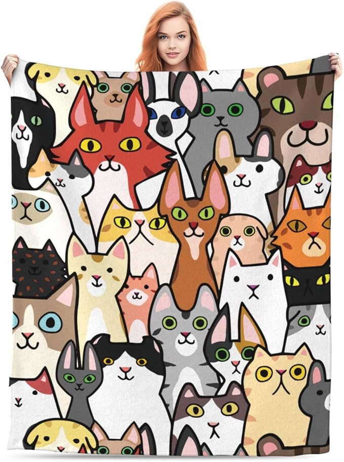 Cat Face Cute Animal Cartoon Blanket, Soft Blankets Flannel Bed Throw Cozy Lightweight Plush Gifts for Kids Boys Girls Women Men Sofa Couch Bedroom Warm All Season, Home Decor, Small 50"x40"