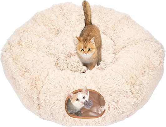Avont Cat Tunnel Bed with Central Washable Cushion - Large Cat Tunnel Tube Toys 3 Shape to Play for Indoor Cats Kittens Puppies Ferret, Round Plush Fluffy Cat Bed with Tunnels -Beige