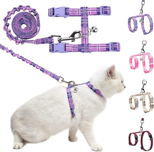 BEAUTYZOO Cat Harness and Leash Set Escape Proof for Walking, Kitten Soft Adjustable Vest Harnesses for Small Medium Large Cats, Easy Control Breathable Plaid Ribbon Nylon for Outdoor Indoor Use