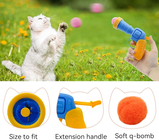 Andiker Cat Toy Balls Set, 30pcs Plush Cat Pom Pom Balls&a Plastic Launcher Set for Cat Catch&Fetch Interactive Cat Toy with Colorful&Soft Cat Balls for Indoor Cats to Keep Fit (Blue 100balls)