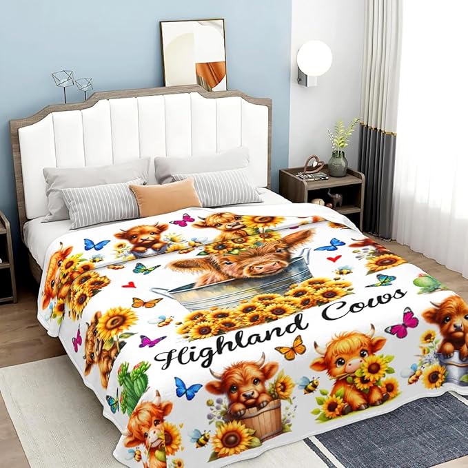 Highland Cow Gifts Sunflower Highland Cow Print Blanket Throw Plush Stuff Cute Animal Butterfly Gifts for Girls Kids Women Adults Highland Cow Lovers Birthday Decorations 80"X60"