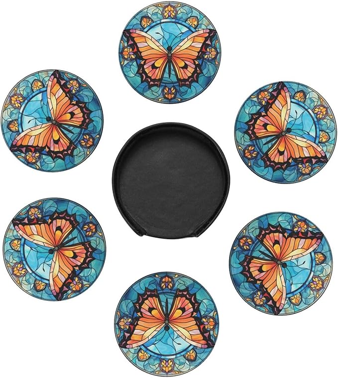 Butterfly Drink Coaster Set of 6, Butterfly Decor Gifts, Leather Drink Coasters with Holder, 6 Pack Cup/Bar/Drink Coasters for Table/Drinks/Coffee Protection Housewarming Gift (Butterfly)