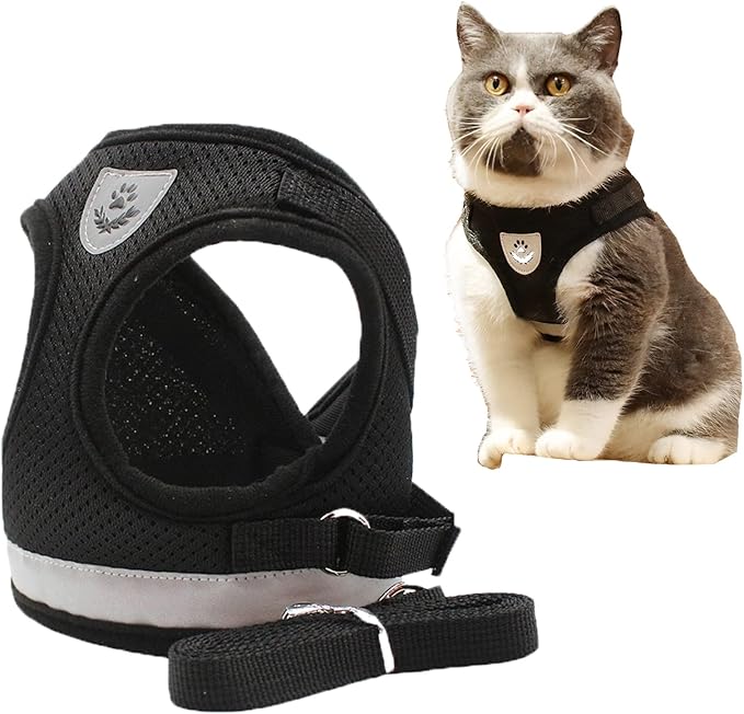 Comfort Step-in Cat Dog Harness and Leash Set for Puppies Cats Kitty Escape Proof Pet Vest Harnesses for Small Animals Rabbit/Mouse/Cats (L:5-7KG, Black)