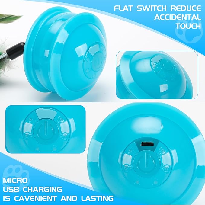 Cat Feather Toy Ball for Indoor,Automatic Moving Ball Toy with Feathers Tail, Self Rolling Ball with Colorful Light Mouse Chasing Game(Blue)