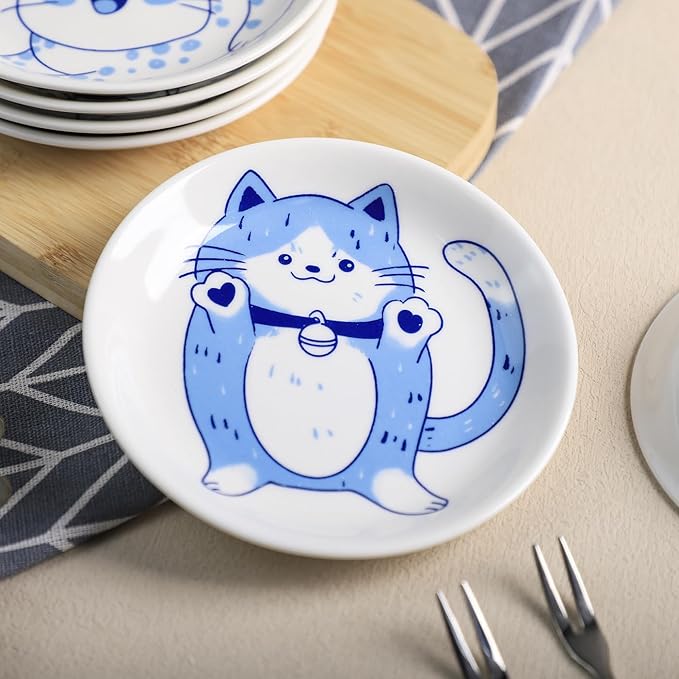 Blue and White Porcelain Vintage Cats Pattern Dessert Plates, Appetizer Plates, Snack Plates Set, Seasoning Dishes, Side Dishes, Saucer Dipping Bowls, 6 PCS-Blue Cats-5 Inch