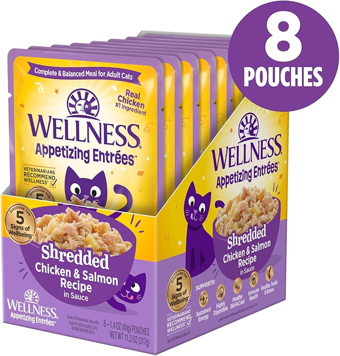 Wellness® Appetizing Entrées™ Shredded Chicken & Salmon Recipe in Sauce Natural Wet Cat Food, 1.4 oz Pouch (Pack of 8)