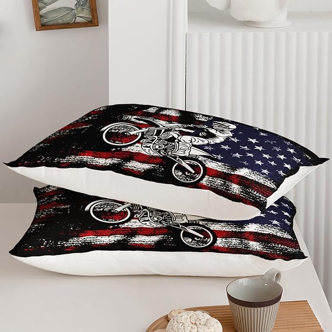 Axolotl Motivational Dirt Bike American Flag Bedding with White Red Stripes Stars Motorcycle Racer Comforter for Boys Kids Teens Men - 1 Quilt 2 Pillowcases