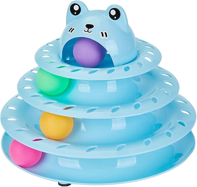Suhaco Cat Toys Interactive for Indoor Cats Kitten Toy Fun Roller 4 Level Cat Teaser Ball Toys with 4 Colorful Balls Kitten Puzzle Toys for Boredom (Blue)