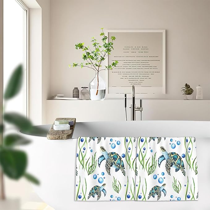Sea Turtles Bath Hand Towels for Bathroom Decorative,Seaweed Bubbles Soft Absorbent Hand Towels for Kitchen Home Gym Beach 16"x24"