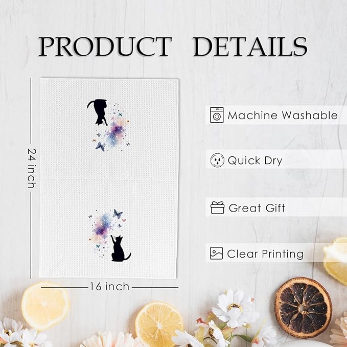 Black Cat Butterfly Kitchen Towels and Dishcloths Set of 2, Funny Cat Themed Dish Towels, Preppy Decorative Hand Tea Towels for Bathroom Kitchen, Gifts for Cat Lovers and Women, 16×24 Inches