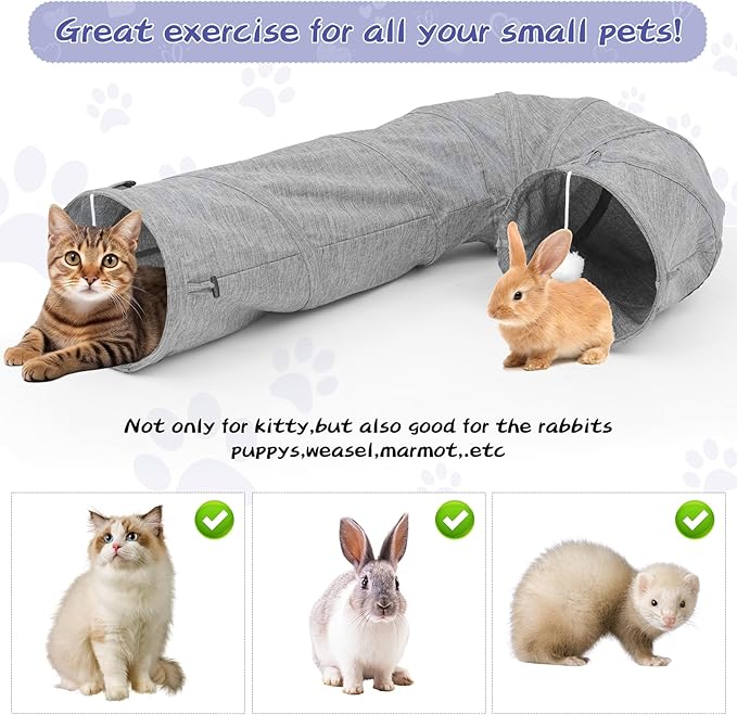 Cat Tunnel, Collapsible Bent Cat Tunnel Sturdy Oxford Fabric for Indoor Cats,Interactive Hanging Ball Pet Tunnel Tube with Cat Teaser Stick (Grey)