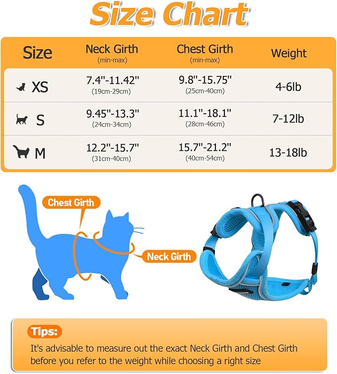 Halypet Cat Harness and Leash Set [MAX Safety 4th-Gen Upgrade] Escape Proof Adjustable Cat Leash Comfortable Soft Vest Easy to Wear Kitten Harness with Reflective Strip for Cats Walking, S SkyBlue