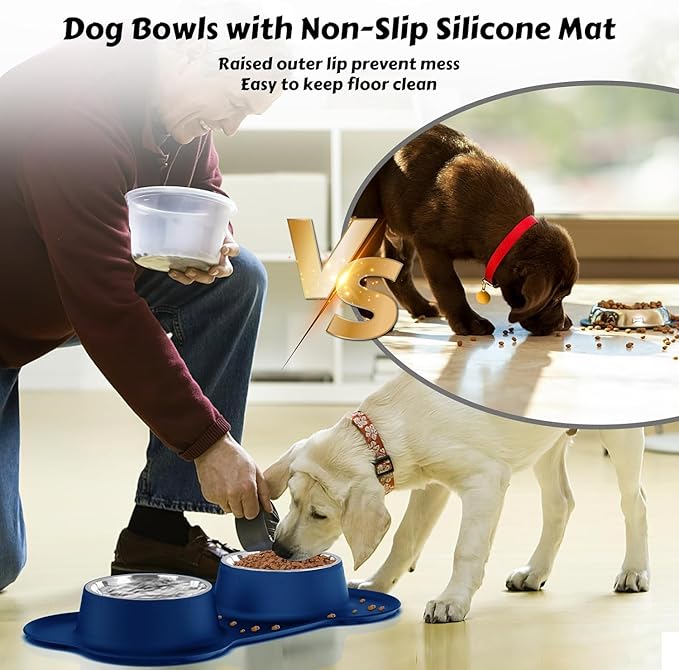 AsFrost Dog Food Bowls Stainless Steel Dog Bowls, Food Water Bowl Set with No Spill Non-Skid Silicone Mat, Dog Dish Double Pet Feeder Bowls for Small Medium Sized Large Dogs Cats Puppy, Blue