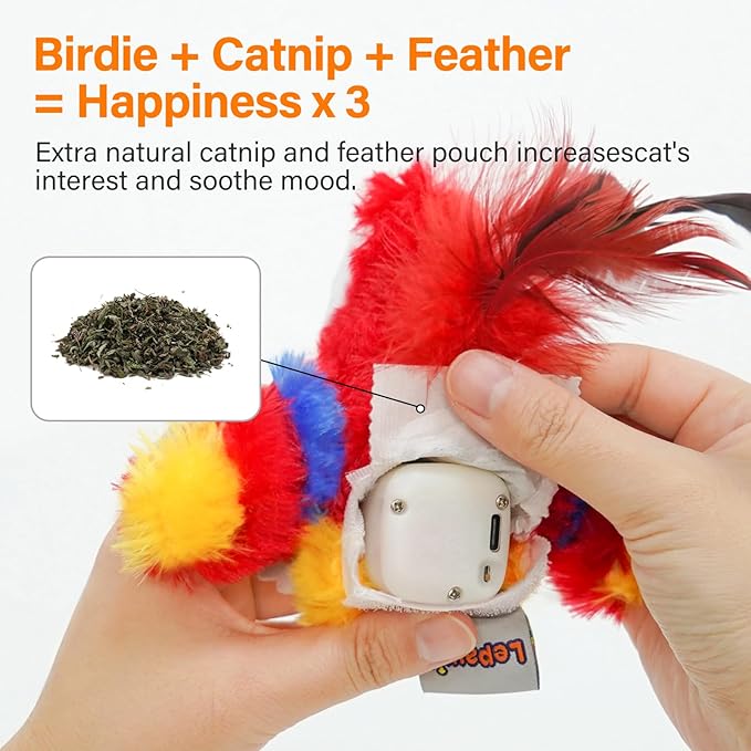 Cat Toys for Indoor Cats, Flapping Bird Cat Toy, Electric Simulated Chirping Bird Interactive Cat Toy with Flappy Wings, Rechargeable Touch Activated Cat Toys with Catnip and Feather - Red