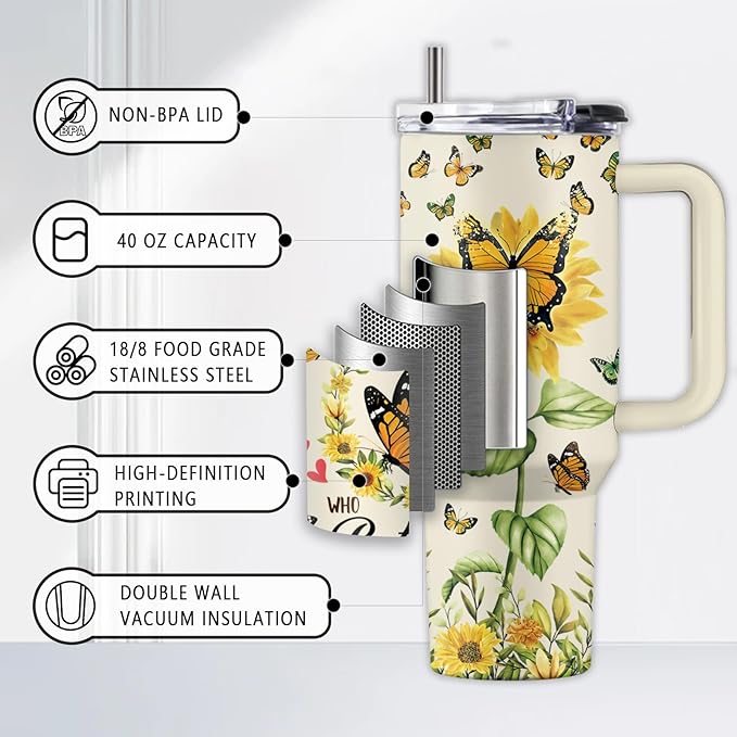 Butterfly Gift, 40 Oz Just a Girl Who Loves Butterflies Tumbler with Handle & Straw, Birthday Gifts for Animal Lovers Women Men, Stainless Steel Yellow Butterfly Tumbler
