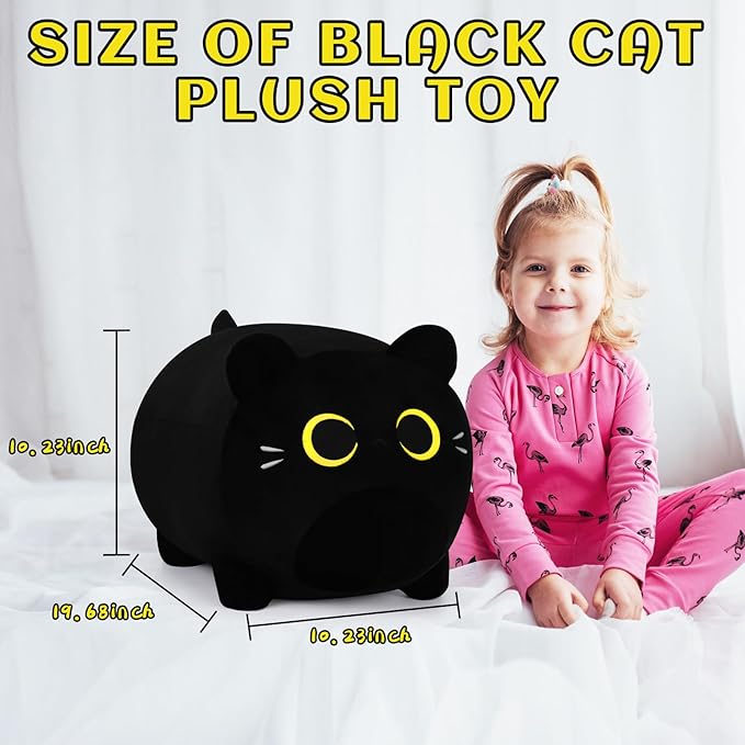 Black Cat Plush Pillow - 20'' Plushie, Gold Eyes, Anime Cat Plush, Cute Stuffed Animal, Birthday Gift for Kids