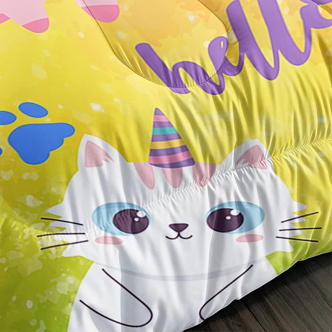 Axolotl Cat Bedding Full Cartoon Comforter Set, Rainbow Printed Kids & Adults Bedding Set, All Season, 1 Quilt 2 Pillow Cases, Colorful Pink Blue