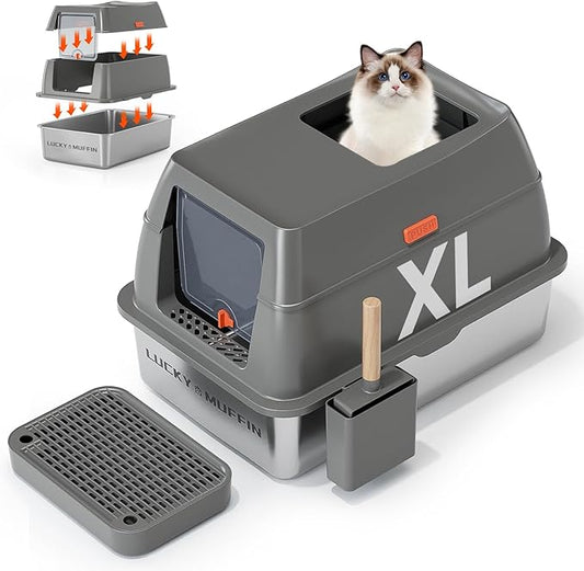 3 in 1 Premium Stainless Steel Cat Litter Box with Removable Lid, Enclosed XL Extra Large High-Sided Metal Box for Big Kitty with Scoop, Top Entry, Odor Control, Anti-Leakage, Non-Sticky & Easy Clean